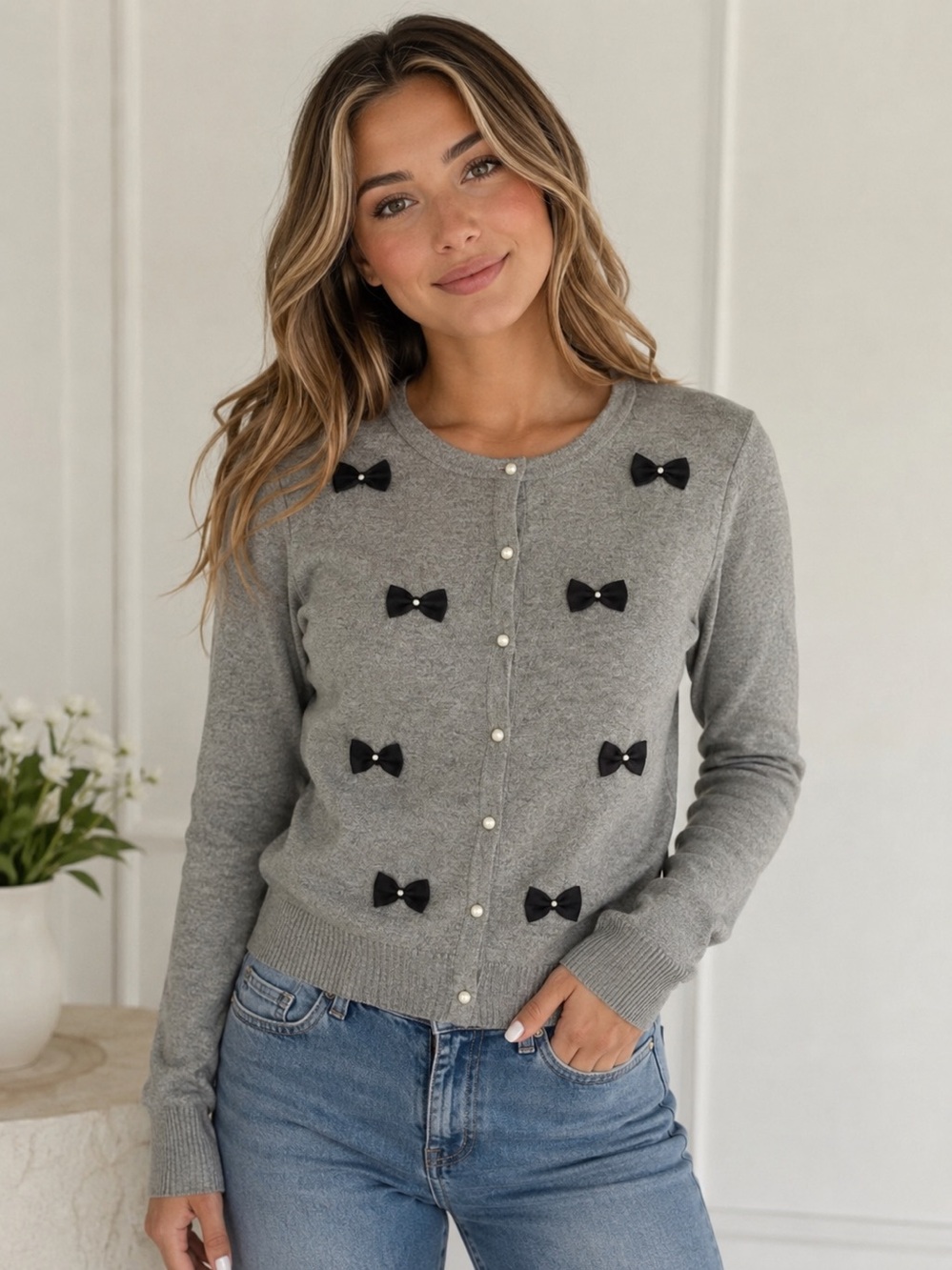 Charter Club Gray Cardigan with Black Bow Accents and Pearls Size Medium